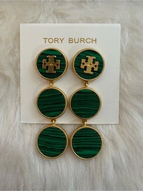 Tory Burch Gold and Green Triple-Drop Logo Earrings